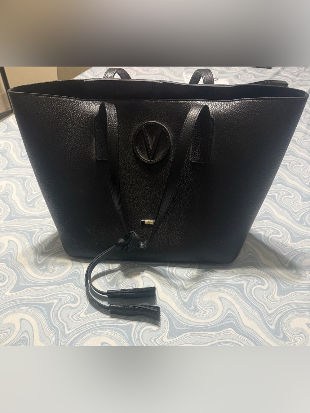 Mario Valentino Black Pebbled Leather Tote with Tassel Pull